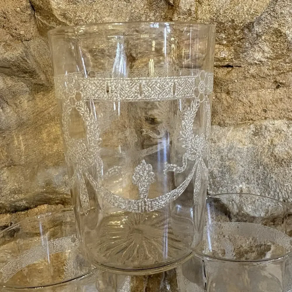 Vintage White Enamel Bow Swag Garland Juice Glass Tumblers Optic Panel Set of 6